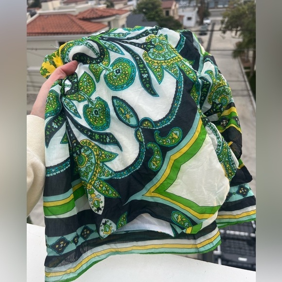 Vintage Y2K Alice & Trixie green blue paisley v-neck babydoll bell slv top sz L - Picture 2 of 9